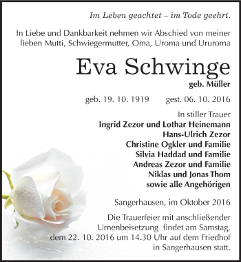 Traueranzeige von Eva Schwinge von Mitteldeutsche Zeitung Sangerhausen