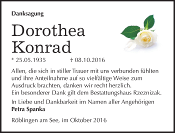 Traueranzeige von Dorothea Konrad von Mitteldeutsche Zeitung Mansfelder Land