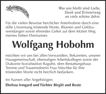 Traueranzeige von Wolfgang Hobohm von WVG - Wochenspiegel Bitterfeld