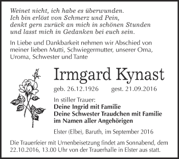 Traueranzeige von Irmgard Kynast von Super Sonntag Wittenberg