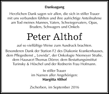 Traueranzeige von Peter Althof von Mitteldeutsche Zeitung Halle/Saalkreis