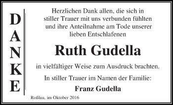 Traueranzeige von Ruth Gudella von WVG - Wochenspiegel Dessau / Köthen