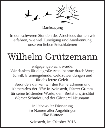 Traueranzeige von Wilhelm Grützemann von WVG - Wochenspiegel Quedlinburg