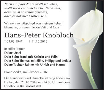 Traueranzeige von Hans-Peter Knobloch von Mitteldeutsche Zeitung Merseburg/Querfurt