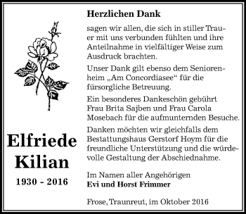 Traueranzeige von Elfriede Kilian von Mitteldeutsche Zeitung Aschersleben