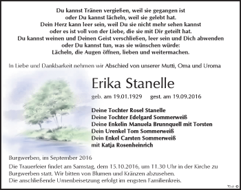 Traueranzeige von Erika Stanelle von Mitteldeutsche Zeitung Weißenfels