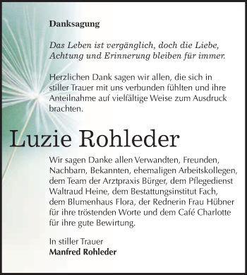 Traueranzeige von Luzie Rohleder von WVG - Wochenspiegel Merseburg