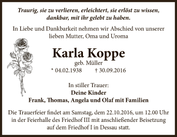 Traueranzeige von Karla Koppe von WVG - Wochenspiegel Dessau / Köthen