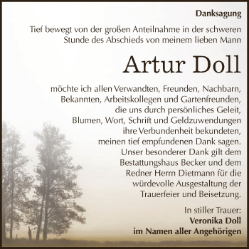 Traueranzeige von Artur Doll von Super Sonntag SGH Mansf. Land