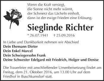 Traueranzeige von Sieglinde Richter von WVG - Wochenspiegel Wittenberg