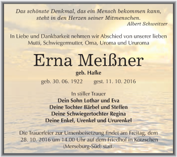 Traueranzeige von Erna Meißner von WVG - Wochenspiegel Merseburg