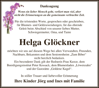 Traueranzeige von Helga Glöckner von WVG - Wochenspiegel Dessau / Köthen