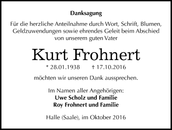 Traueranzeige von Kurt Frohnert von Mitteldeutsche Zeitung Halle/Saalkreis