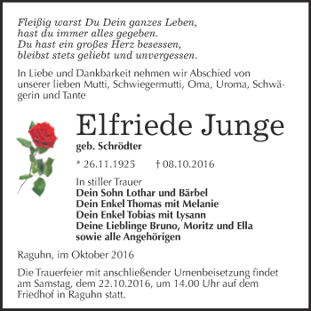 Traueranzeige von Elfriede Junge von WVG - Wochenspiegel Bitterfeld