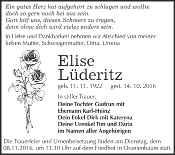Traueranzeige von Elise Lüderitz von Super Sonntag Wittenberg