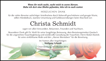 Traueranzeige von Christa Schmidt von WVG - Wochenspiegel Dessau / Köthen