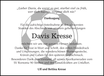 Traueranzeige von Davis Kresse von Super Sonntag SGH Mansf. Land