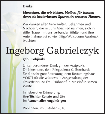 Traueranzeige von Ingeborg Gabrielczyk von Mitteldeutsche Zeitung Mansfelder Land