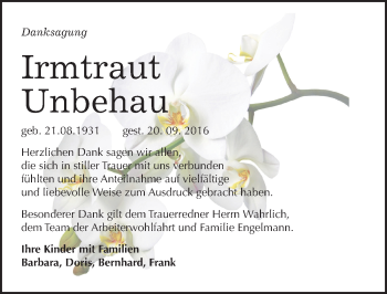 Traueranzeige von Irmtraut Unbehau von Mitteldeutsche Zeitung Mansfelder Land