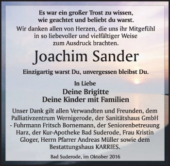 Traueranzeige von Joachim  Sander von Mitteldeutsche Zeitung Quedlinburg