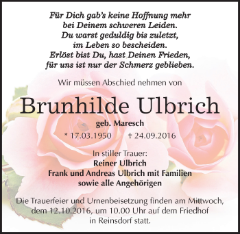 Traueranzeige von Brunhilde Ulbrich von Mitteldeutsche Zeitung Köthen