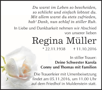 Traueranzeige von Regina Müller von WVG - Wochenspiegel Bitterfeld