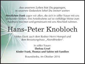 Traueranzeige von Hans-Peter Knobloch von Mitteldeutsche Zeitung Merseburg/Querfurt