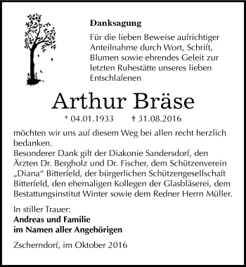 Traueranzeige von Arthur Bräse von Mitteldeutsche Zeitung Bitterfeld