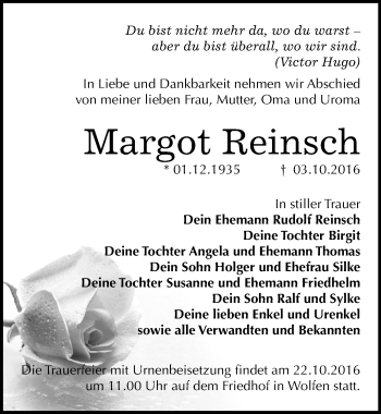 Traueranzeige von Margot Reinsch von Mitteldeutsche Zeitung Bitterfeld