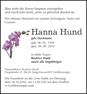 Traueranzeige von Hanna Hund von Mitteldeutsche Zeitung Sangerhausen