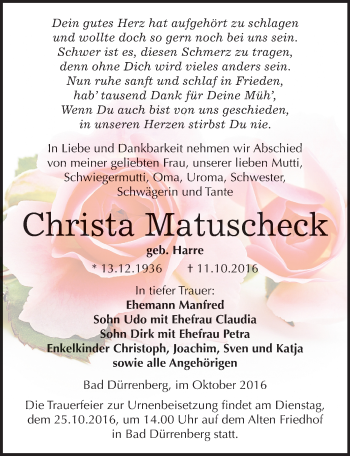 Traueranzeige von Christa Matuscheck von Mitteldeutsche Zeitung Merseburg/Querfurt