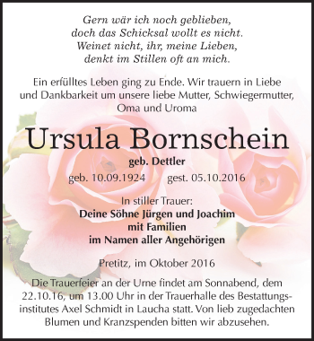 Traueranzeige von Ursula Bornschein von Mitteldeutsche Zeitung Merseburg/Querfurt