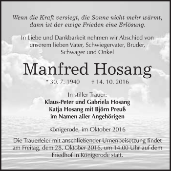 Traueranzeige von Manfred Hosang von WVG - Wochenspiegel Quedlinburg