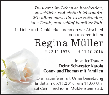 Traueranzeige von Regina Müller von Mitteldeutsche Zeitung Bitterfeld