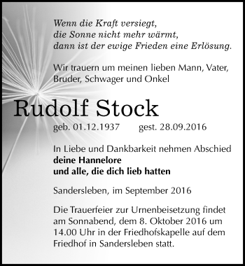 Traueranzeige von Rudolf Stock von Mitteldeutsche Zeitung Mansfelder Land