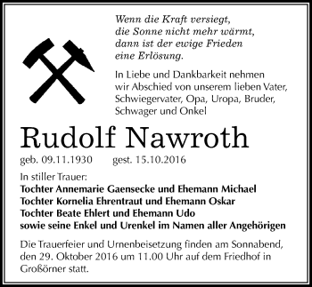 Traueranzeige von Rudolf Nawroth von Mitteldeutsche Zeitung Mansfelder Land