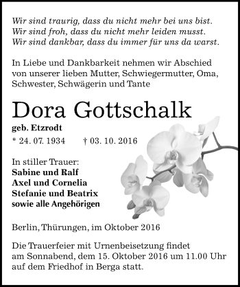Traueranzeige von Dora Gottschalk von Mitteldeutsche Zeitung Sangerhausen
