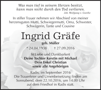Traueranzeige von Ingrid Gräfe von WVG - Wochenspiegel Wittenberg
