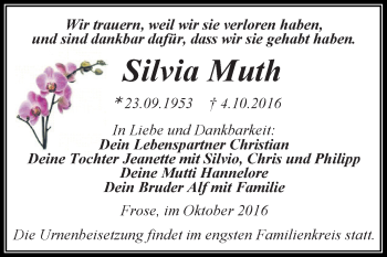 Traueranzeige von Silvia Muth von Super Sonntag Aschersleben