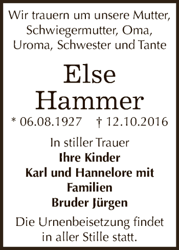 Traueranzeige von Else Hammer von Super Sonntag Bernburg