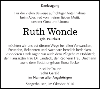 Traueranzeige von Ruth Wonde von Super Sonntag SGH Mansf. Land