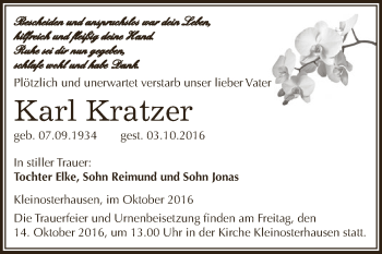 Traueranzeige von Karl Kratzer von Wochenspiegel Mansfelder Land