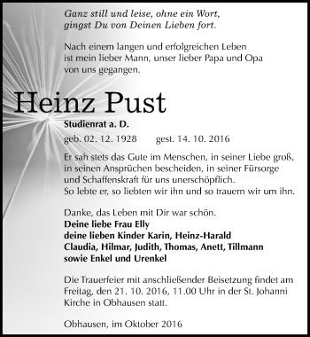 Traueranzeige von Heinz Pust von Mitteldeutsche Zeitung Merseburg/Querfurt