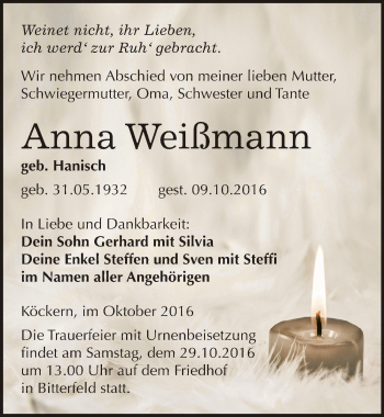 Traueranzeige von Anna Weißmann von Mitteldeutsche Zeitung Bitterfeld