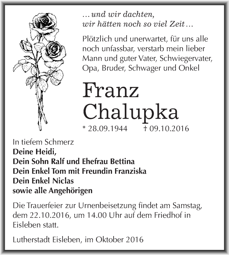  Traueranzeige für Franz Chalupka vom 19.10.2016 aus Wochenspiegel Mansfelder Land