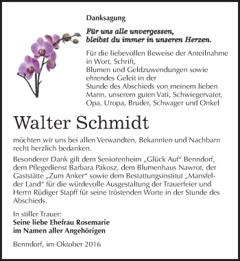Traueranzeige von Walter Schmidt von Mitteldeutsche Zeitung Mansfelder Land