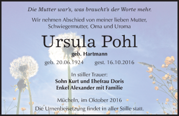 Traueranzeige von Ursula Pohl von Mitteldeutsche Zeitung Merseburg/Querfurt
