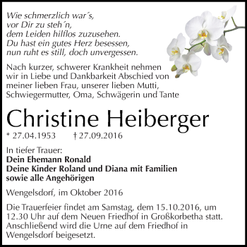Traueranzeige von Christine Heiberger von Super Sonntag Merseburg