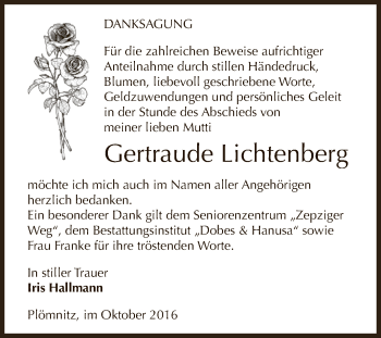 Traueranzeige von Gertraude Lichtenberg von Super Sonntag Bernburg