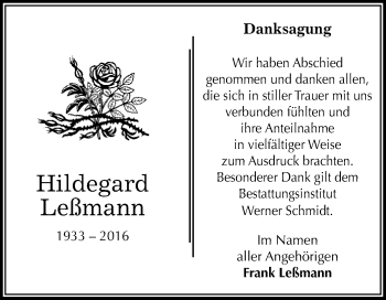 Traueranzeige von Hildegard Leßmann von WVG - Wochenspiegel Quedlinburg